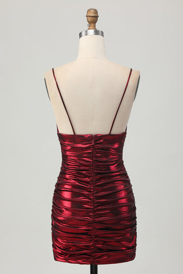 Sparkly Metallic Burgundy Spaghetti Straps Tight Ruched Short Prom Dress